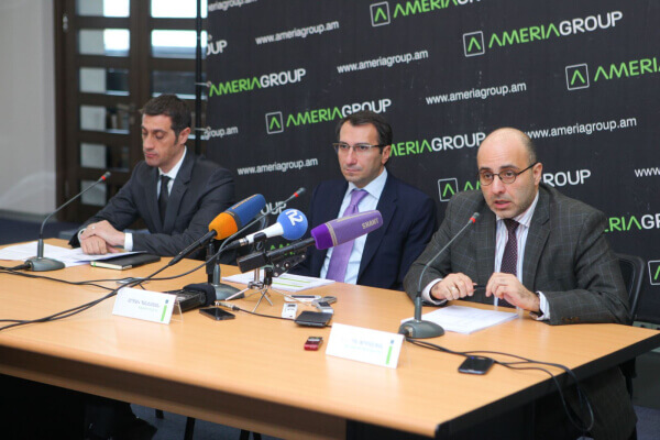 Artak Hanesyan, Gevorg Tarumyan and Tigran Jrbashyan giving interview to press