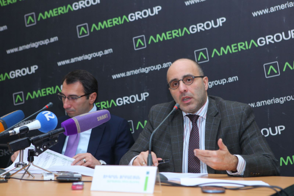 Artak Hanesyan, Gevorg Tarumyan and Tigran Jrbashyan giving interview to press